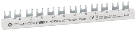 Peigne de raccordement Hager quickconnect 4P 3L fourche 10mm² 63A 215×6mm blanc 