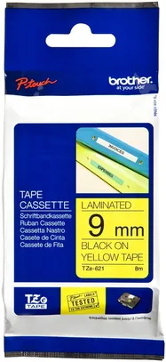 Cassette ruban Brother TZe-621 9mm×8m, jaune-noir 