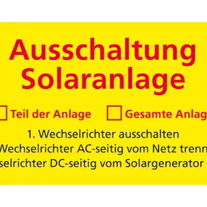Kleber gelb «Ausschaltung Solaranlage» deutsch 