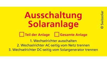 Autocollant jaune «Déclenchement installation solaire» allemand 