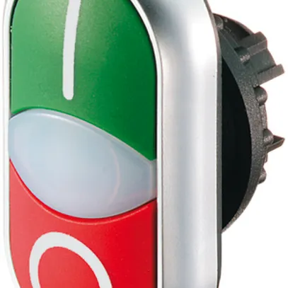 Doppeldrucktaste ETN RMQ flach I/O grün-rot, Ring verchromt 