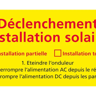 Autocollant jaune «Déclenchement installation solaire» français 