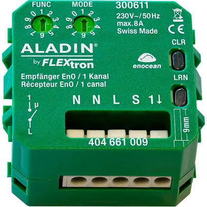 Attuatore-commutatore RF INS ALADIN EnO, 1-canale, ingresso p.pulsante, 230V/8A 
